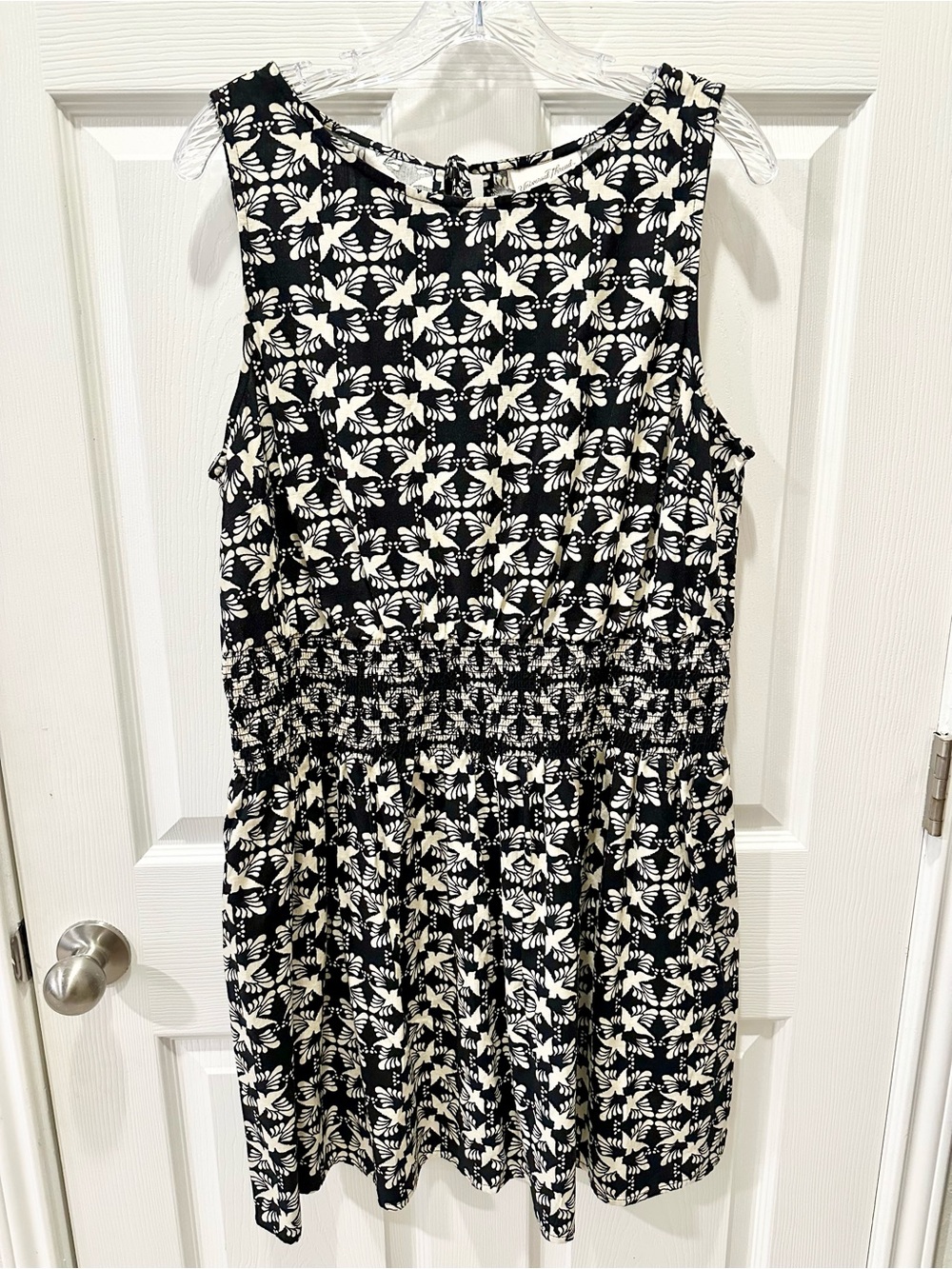 Universal Thread Black and Cream Bird Print Smocked Waist Dress XL